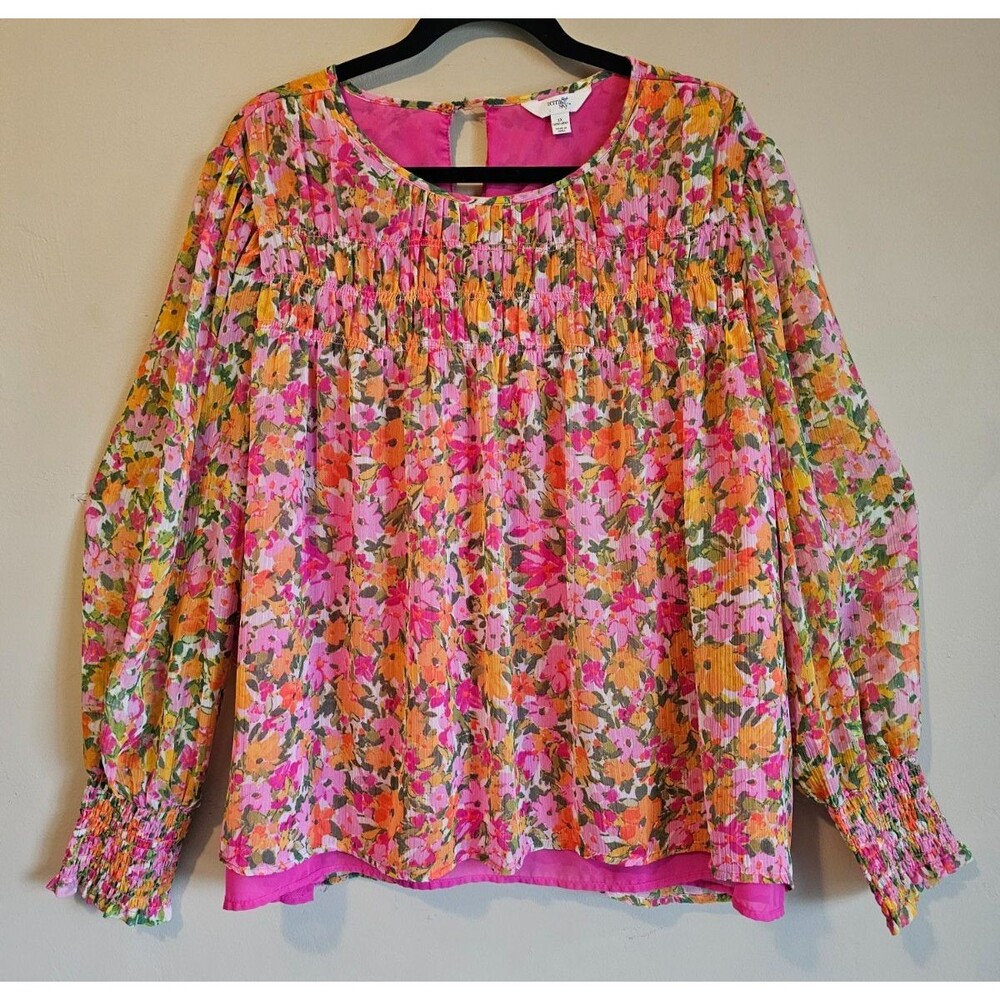 Pink layered floral, Plus 1X, pink, layered, long sleeve blouse, romantic